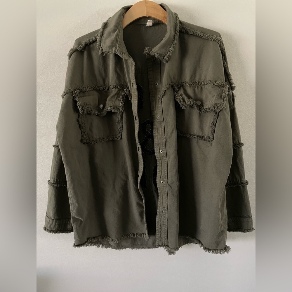 ELAN Rock & Roll Shirt Jacket Frayed Rag Puffy Letters 3D Green Size M Shacket - Picture 6 of 7